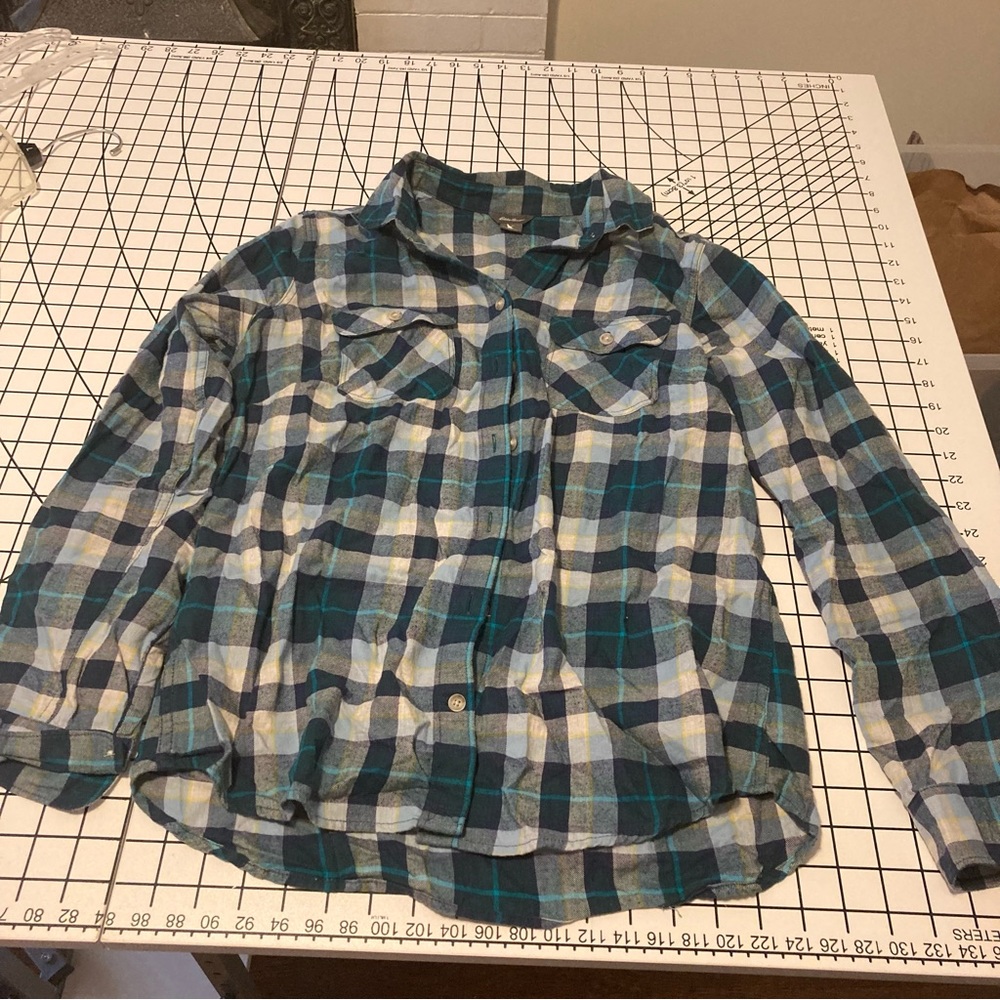 Teal plaid button down flannel shirt
